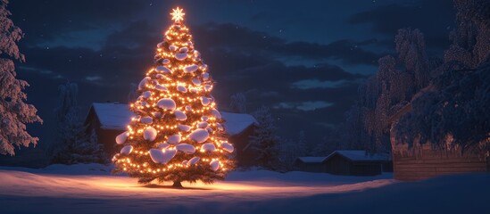 Poster - Snowy Night Scene with Illuminated Christmas Tree in Winter Landscape