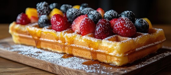 Poster - Belgian waffles with fresh fruit and powdered sugar on a rustic wooden board for a delicious dessert or brunch presentation