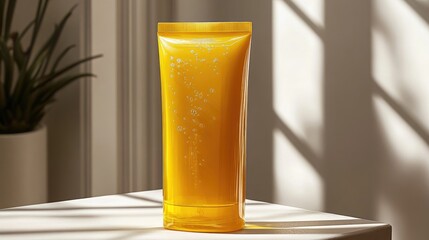 Poster - yellow shower gel container illuminated by natural light on a white surface with soft shadows creati