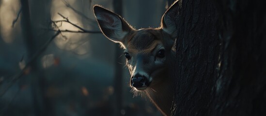 Aufkleber - Deer peeking from behind a tree in a misty forest during twilight showcasing nature's tranquility and wildlife beauty