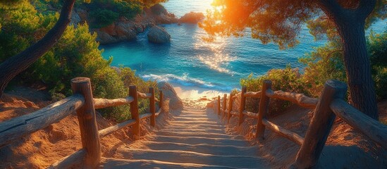 Aufkleber - serene beach stairs at sunset surrounded by trees creating a tranquil summer atmosphere near the wat