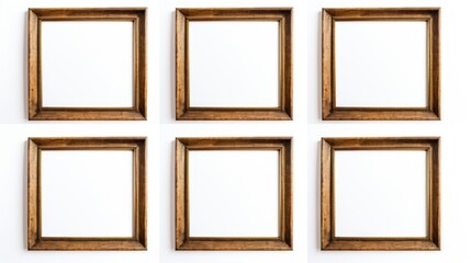 Poster - Elegant wooden photo frames arranged in a grid on a white background showcasing versatility for decoration and display purposes