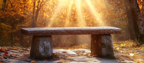 Aufkleber - Stone bench in autumn woods illuminated by sunflare through trees creating a peaceful natural atmosphere for relaxation and contemplation
