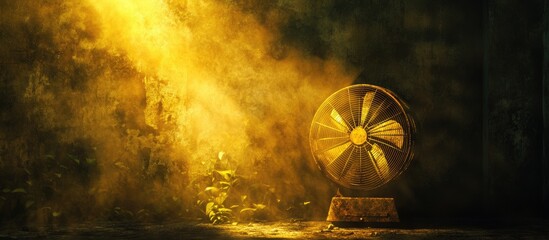 Poster - Vintage squirrel cage fan illuminated by warm light in a dusty environment symbolizing home comfort and aging systems in interior spaces