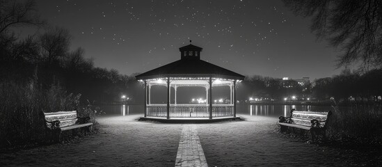 Aufkleber - Serene night view of a bandstand surrounded by benches and stars reflecting over a calm lake in black and white photography