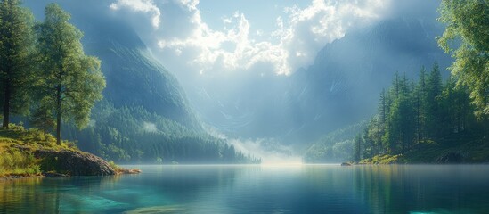 Poster - Serene landscape reflecting a tranquil lake surrounded by lush mountains and misty skies ideal for tourism and leisurely escapes