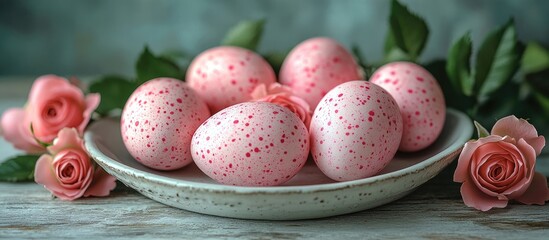 Aufkleber - Pink speckled Easter eggs elegantly arranged on a plate with rose decorations on rustic wooden table top view for spring festive celebration