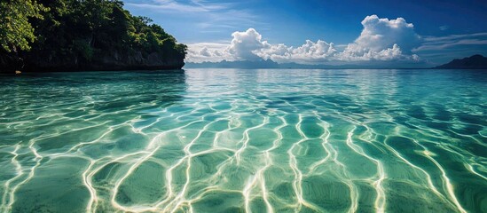 Aufkleber - Tranquil sea surface reflecting a clear sky with gentle ripples showcasing the stunning beauty of nature in a serene coastal environment