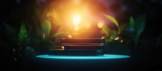 Aufkleber - Modern gadgets illuminated on a glowing table surrounded by nature showcasing technology and interior design innovation at sunset.