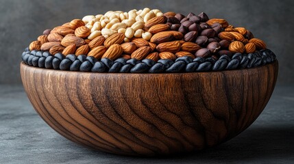 Aufkleber - Mixed nuts arrangement in a beautifully crafted wooden bowl on a neutral background showcasing natural textures and colors