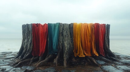 Poster - Vibrant fabric draped over a weathered tree stump in a serene coastal landscape creating a striking visual contrast.