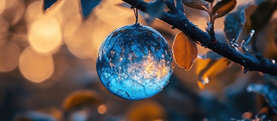 Poster - Glowing blue ornament hanging from a tree branch surrounded by autumn leaves and soft bokeh background in warm evening light.
