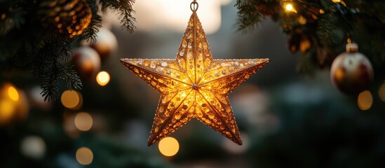 Aufkleber - Illuminated decorative star symbolizing winter festivities adorned with soft glowing lights and holiday ornaments in a cozy atmosphere