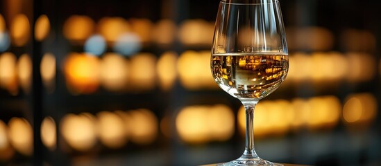 Elegant glass of white sweet wine displayed in grocery store with warm bokeh lights creating a cozy ambiance and inviting atmosphere.