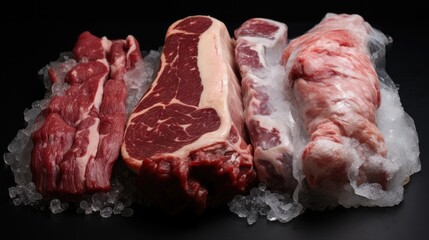 Poster - Frozen semi-finished meat products displayed on ice showcasing variety in cuts and textures for culinary preparation and storage.