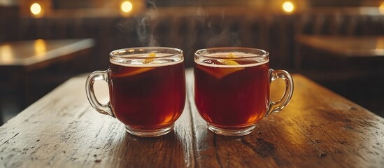 Poster - Two steaming mugs of mulled wine with lemon slices on a rustic wooden table in a cozy setting.