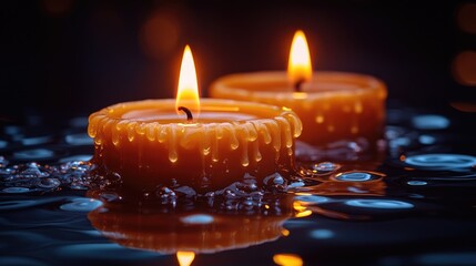Poster - Tranquil scene of glowing wax candles with dripping wax on dark background creating a serene atmosphere perfect for relaxation and reflection