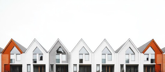 Poster - Modern townhouses with distinct architectural styles featuring gabled roofs and large windows under a clear sky in an urban setting.