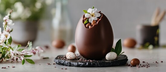 Aufkleber - Decorative stuffed chocolate Easter egg with floral accents on a rustic table setting ideal for festive celebrations and culinary inspirations