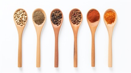 Poster - Assorted spices in wooden spoons arranged on a white background viewed from above showcasing culinary variety and flavor profiles