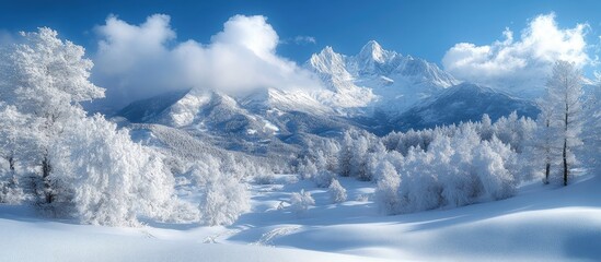 Poster - Majestic winter landscape with towering snowy mountains and frosty trees under a clear blue sky showcasing nature's beauty and serenity