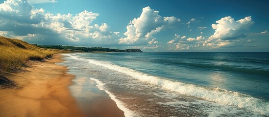 Poster - Serene coastal landscape with golden sand beach and tranquil waves under a dramatic sky with fluffy clouds and distant hills.