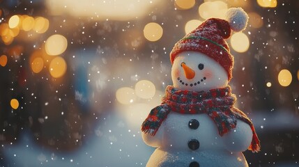 Wall Mural - christmas winter background with snowman in snow and blurred bokeh background.merry christmas and ha