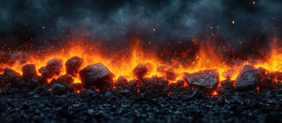 Poster - Luminous Orange Flames Erupting from Charred Coal Surface Against Dark Smoke Background