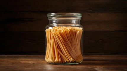 Poster - Spaghetti noodles displayed in a glass jar on a rustic wooden background creating a warm and inviting kitchen atmosphere