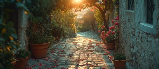 Poster - Charming cobblestone pathway in an old city illuminated by sunset with flowers in pots creating a picturesque atmosphere