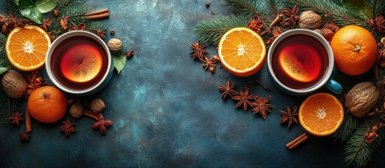 Poster - Warm mulled wine with fresh oranges apples and spices arranged in a decorative flat lay for a cozy seasonal ambiance and festive appeal