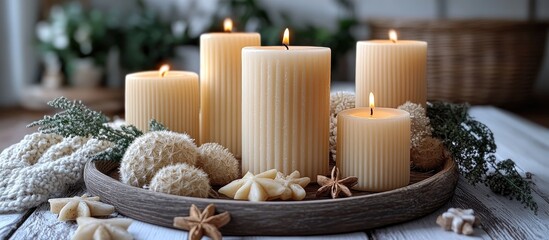 Poster - Aesthetic arrangement of white candles and wooden stars on a rustic tray in a cozy interior with soft textiles and natural decor elements.