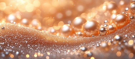 Poster - Elegant blurred golden and silver glitter beads on a soft marble background for abstract luxury and vintage design concepts.