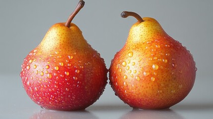 Poster - Freshly washed ripe pears with water droplets on a clean white background showcasing their vibrant colors in a studio setting.