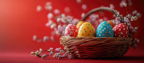 Poster - Colorful Easter eggs in a wicker basket surrounded by blossoms on a vibrant red background celebrating traditional holiday decor