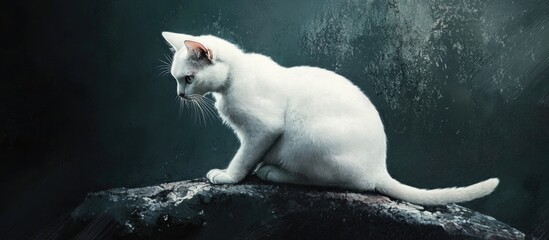 Poster - Elegant white cat sitting gracefully on a rocky surface with a dark textured background highlighting its serene posture and soft features.