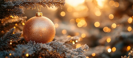 Poster - Peach colored Christmas ornament hanging on a decorated tree with warm golden bokeh background creating a festive atmosphere and selective focus