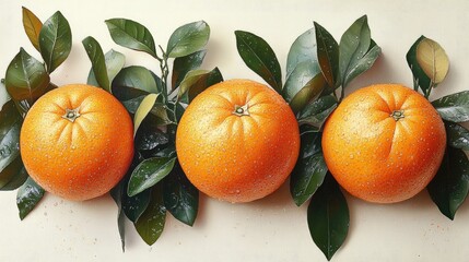 Poster - Fresh oranges arranged with green leaves on a neutral background highlighting their vibrant color and texture. Perfect for food styling.