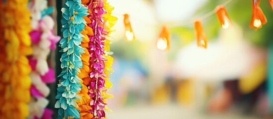Poster - Colorful abstract defocus image featuring vibrant garland and festive lights creating a warm and inviting atmosphere for celebrations.