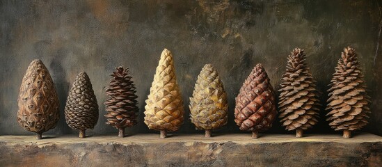 Poster - Diverse collection of decorative tree cones arranged in a natural display showcasing varying shapes and textures on a textured background