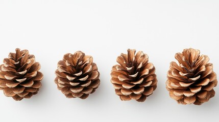 Poster - Four pine cones arranged in a row on a clean white background showcasing their natural textures and colors in close-up photography.
