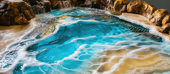 Aufkleber - Tranquil pool with vibrant blue water and gentle wave patterns surrounded by elegant rock formations and sandy edges.