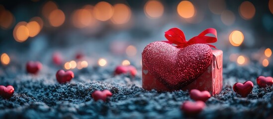 Poster - Valentine's Day romantic backdrop with a heart-shaped gift box surrounded by decorative hearts and soft glowing lights