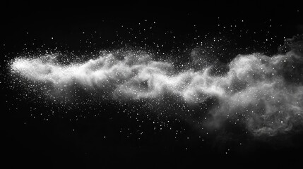 Poster - Abstract white powder explosion on black background creating a dramatic cloud effect with sparkling particles in motion for artistic design.