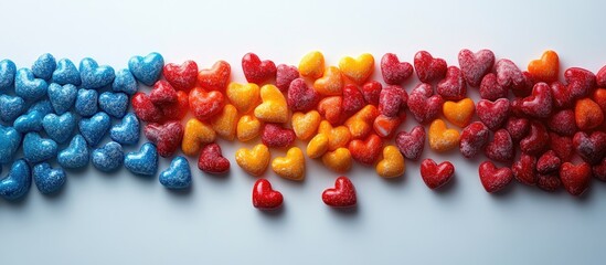 Poster - Colorful candy hearts arranged in a gradient pattern on a light background ideal for Valentine's Day promotions and festive celebrations