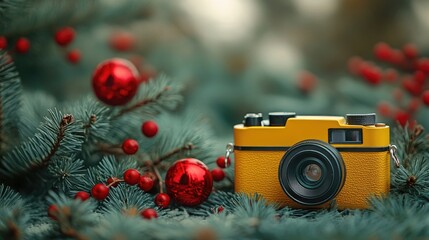 Poster - Minimalistic yellow holiday backdrop with an old camera and festive decorations on pine branches