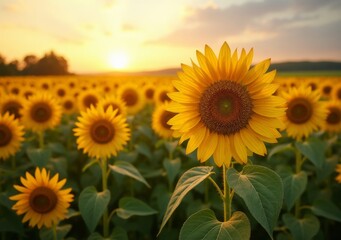 Wall Mural - Sunflower field at sunset with vibrant blooms and a golden sky