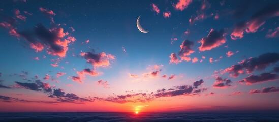 Aufkleber - Vibrant sunset sky with brilliant clouds and a crescent moon illuminating the horizon at twilight over the serene landscape
