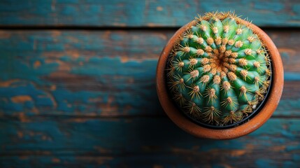 Poster - Cactus in terracotta pot on rustic wooden background with ample copy space showcasing natural texture and vibrant green details.