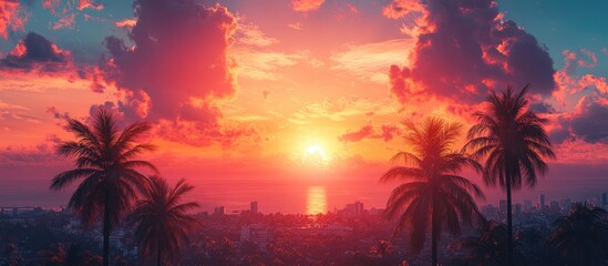 Poster - Vibrant sunset over city skyline with palm trees silhouetted against colorful sky and ocean view creating a tropical paradise atmosphere